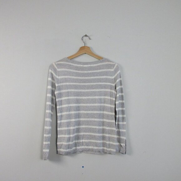 Club Monaco Linen Blend Nautical Sweater Women S Striped Gray White Knited 172 - Picture 2 of 9
